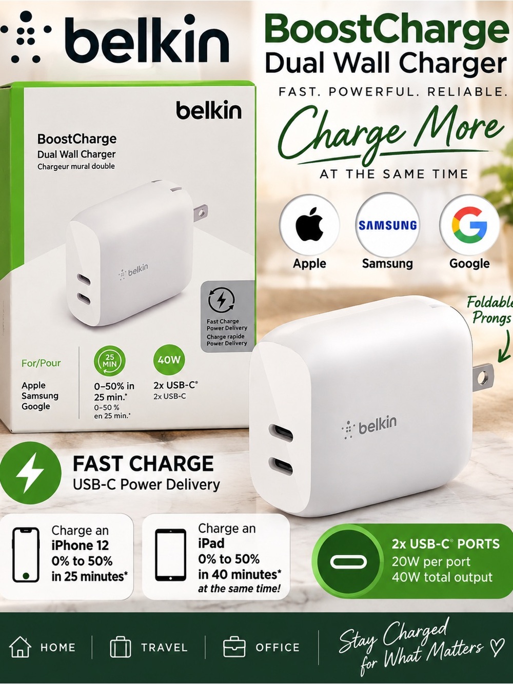 belkin White BoostCharge Dual USB-C Wall Charger - 40W